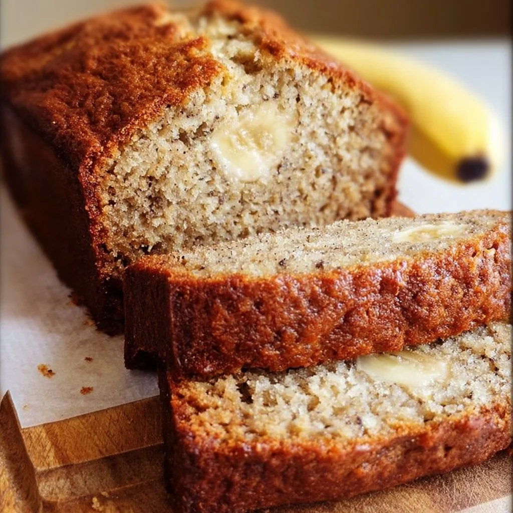 A freshly baked loaf of easy moist banana bread on a wooden cutting board.
