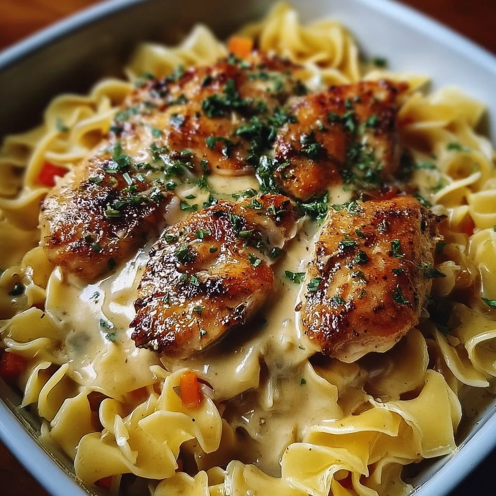 Easy one-pan chicken with buttered noodles served on a plate