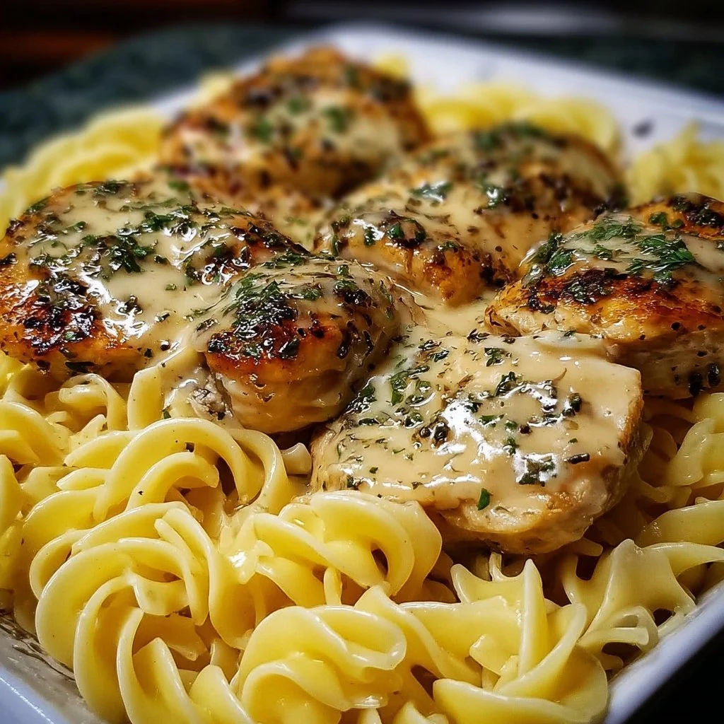 One-Pan Chicken served with buttered noodles in a flavorful sauce
