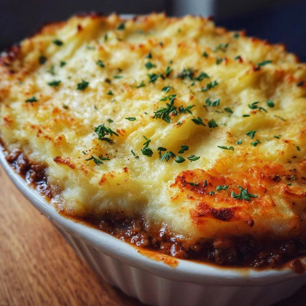 Delicious easy Shepherd's Pie casserole served on a plate.