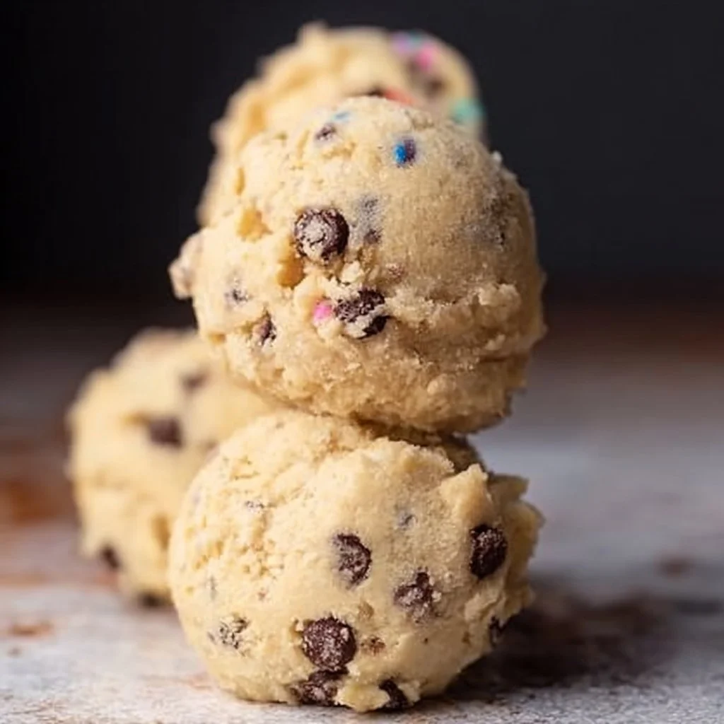 Bowl of edible chocolate chip cookie dough with chocolate chips on top
