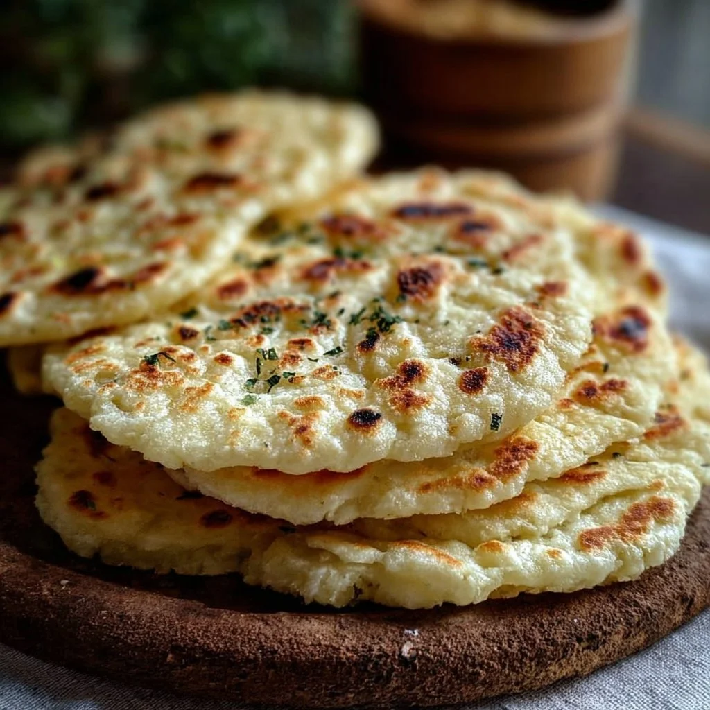 A freshly baked gluten-free flatbread on a wooden cutting board
