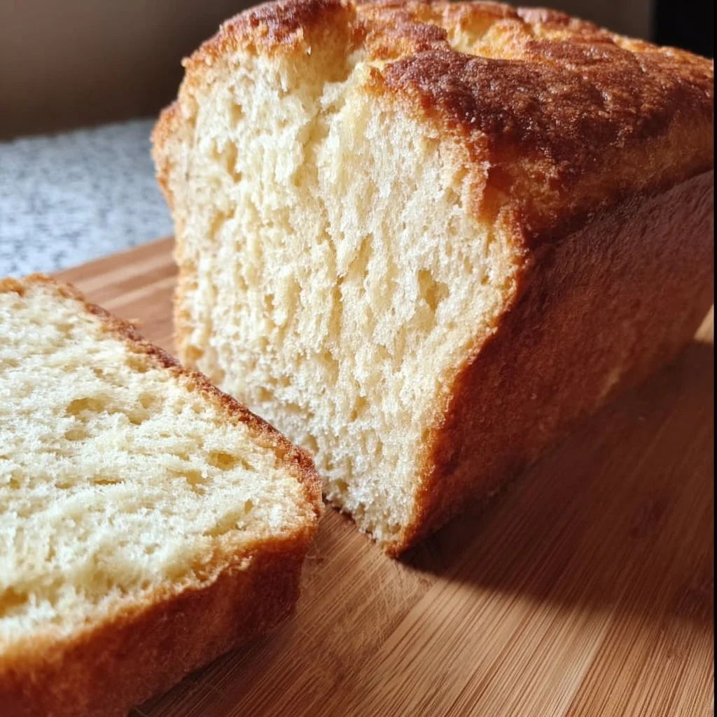 Homemade squishy-soft gluten free bread loaf on a wooden cutting board.