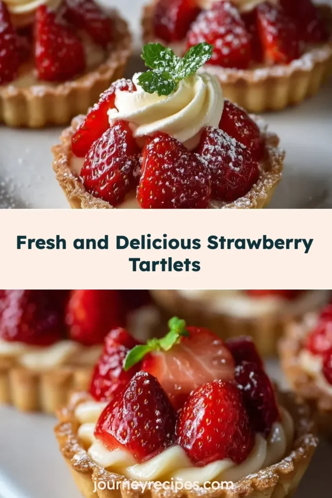 Fresh strawberry tartlets topped with whipped cream and mint leaves