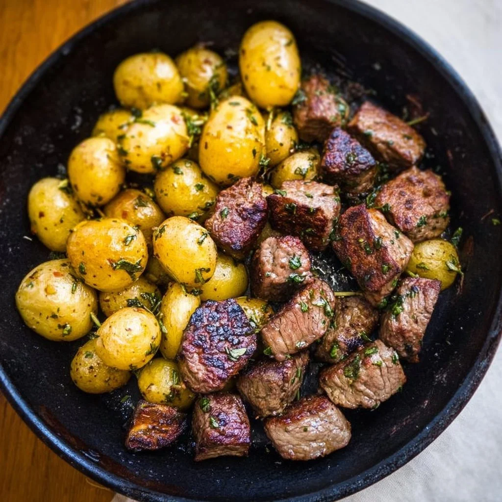 Delicious Garlic Butter Steak Bites served with crispy potatoes.