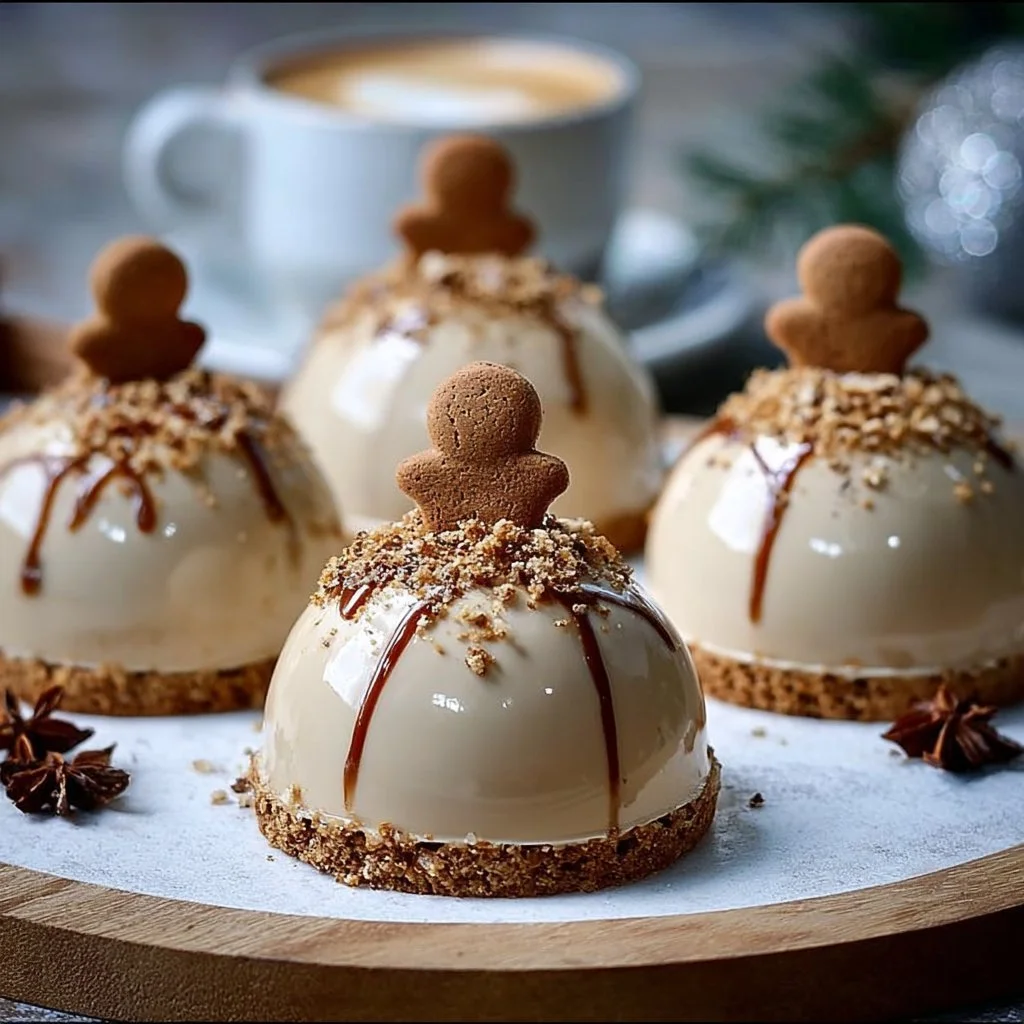 Delicious Gingerbread Latte Mousse Domes garnished with festive decorations