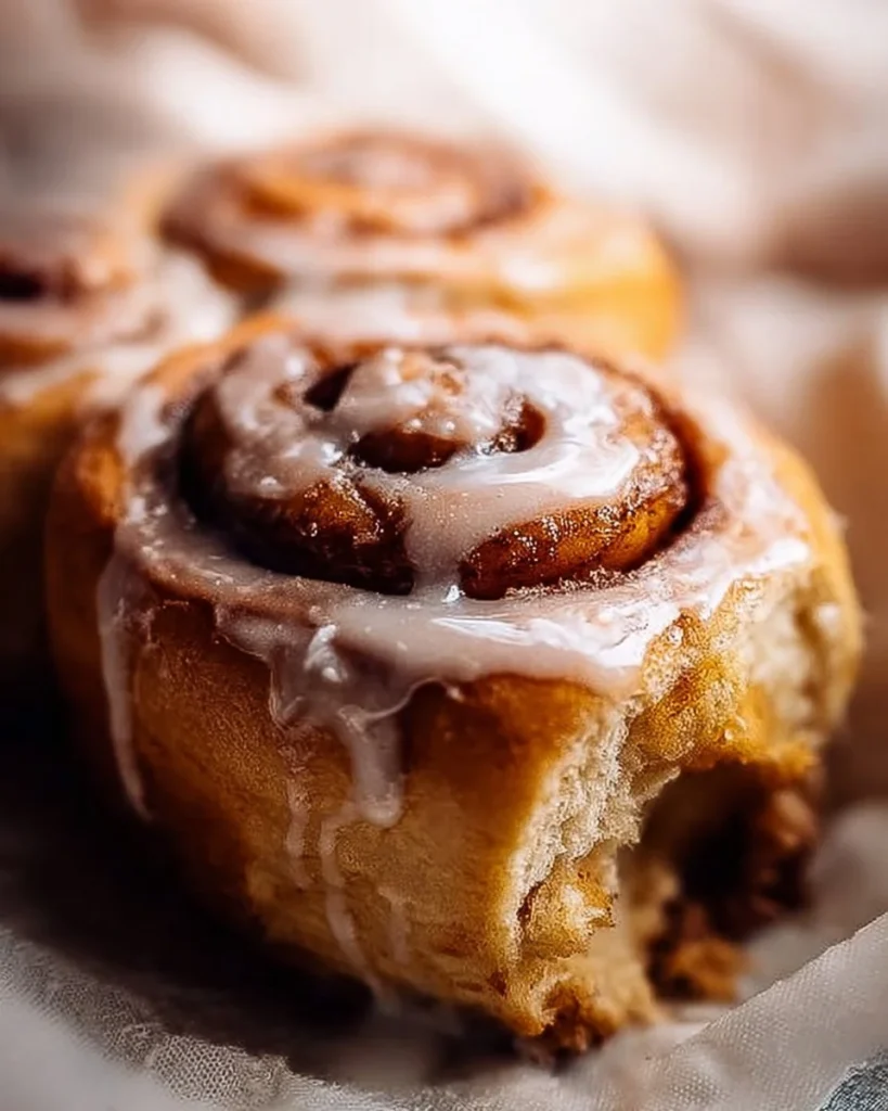 Delicious gluten free cinnamon rolls topped with icing on a rustic wooden table.