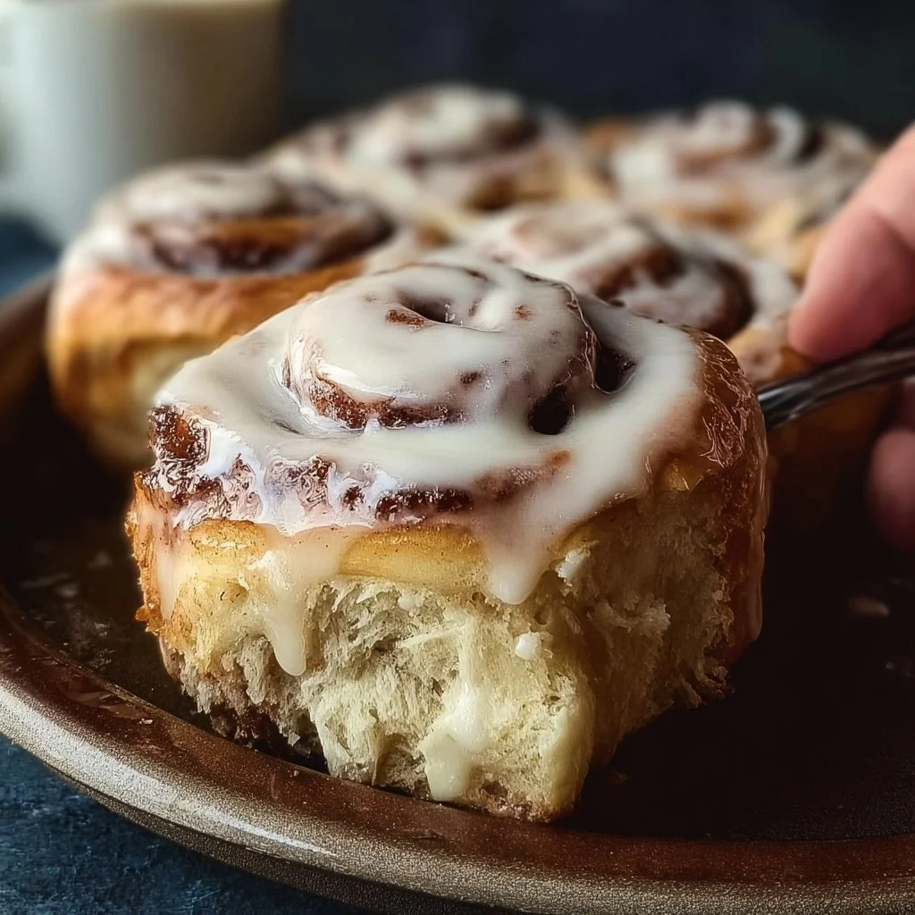 Freshly baked gluten-free cinnamon rolls topped with icing.