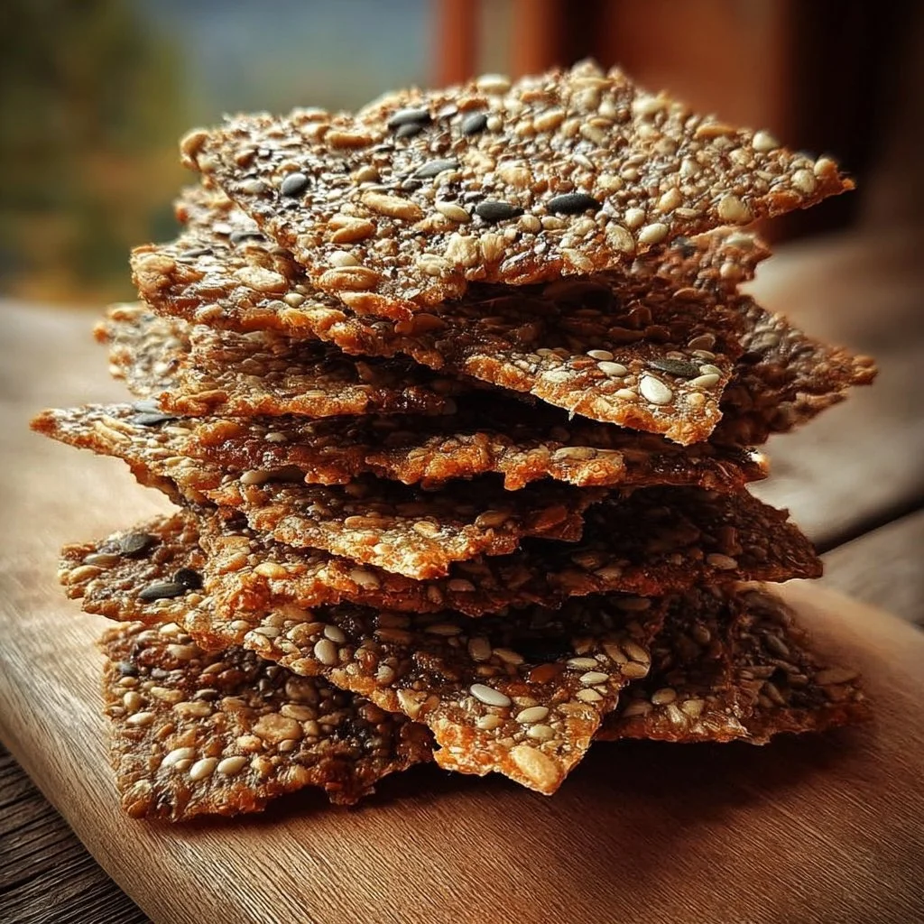 Plate of homemade gluten-free seed crackers inspired by Norwegian crispbread