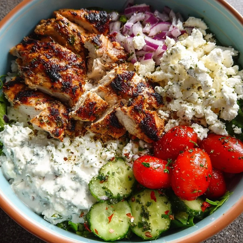Healthy Greek Chicken Bowls with fresh vegetables and flavorful dressing