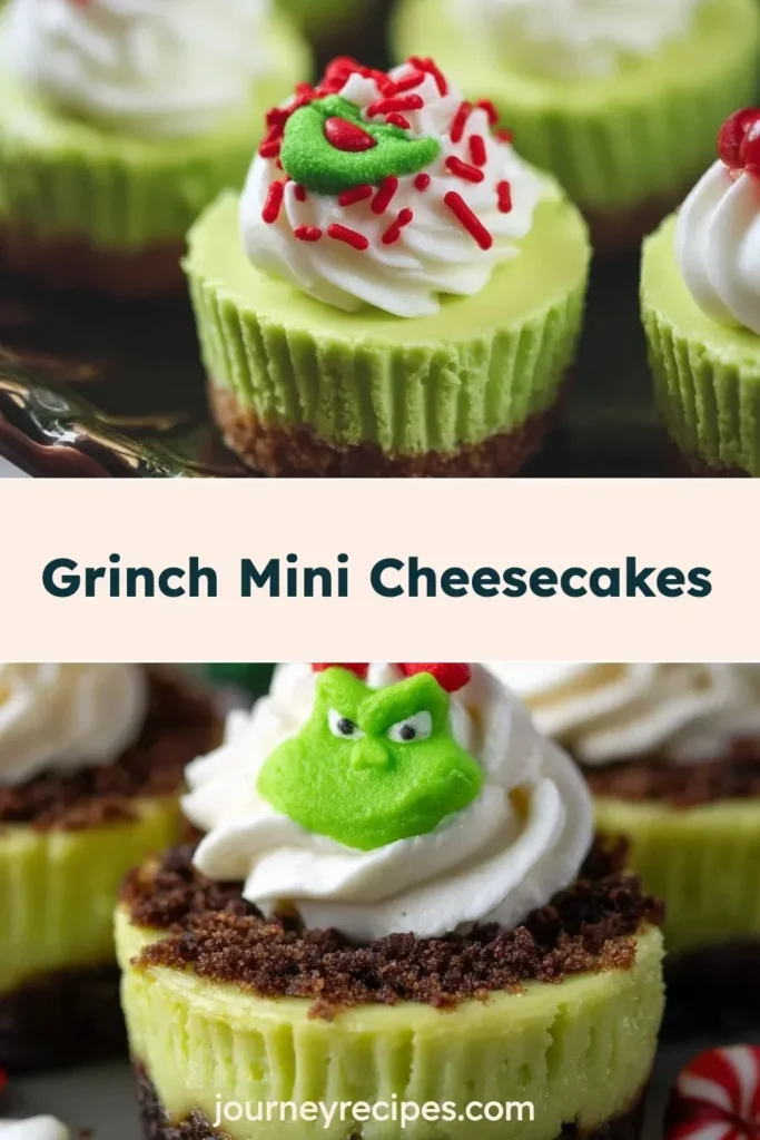 Festive Grinch Mini Cheesecakes decorated for the holidays