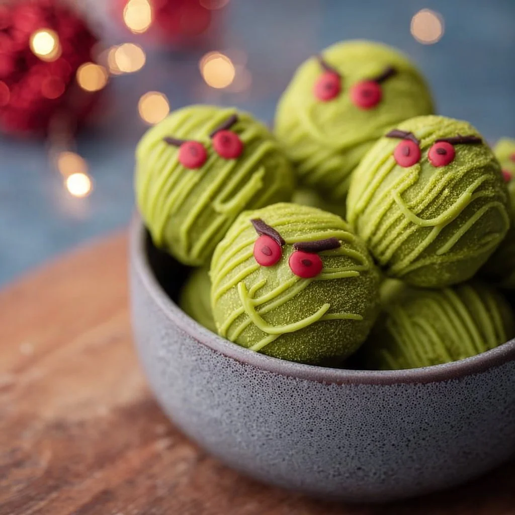 Delicious Grinch Oreo Truffles decorated for holiday celebrations