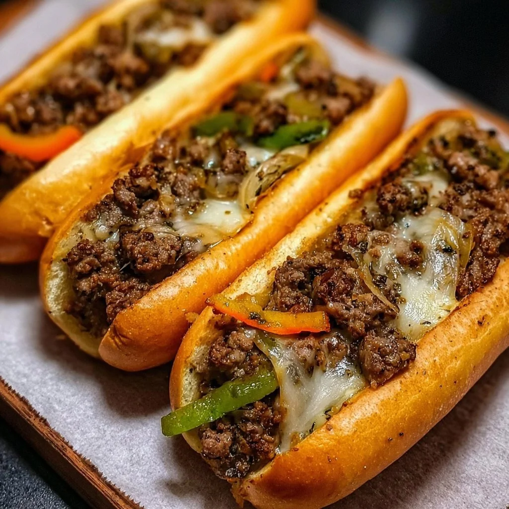 Delicious Ground Beef Philly Cheesesteak sandwich with melted cheese and fresh ingredients