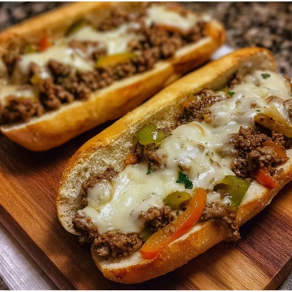 Delicious Ground Beef Philly Cheesesteaks served on a plate with toppings.