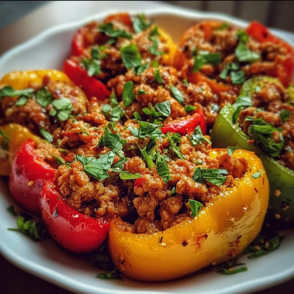 Ground turkey and peppers dish served in a colorful plate