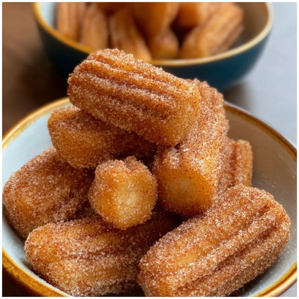 Delicious healthy baked churro bites on a plate, coated with cinnamon sugar.