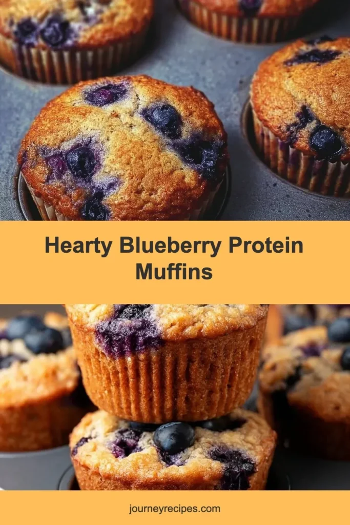 Hearty blueberry protein muffins fresh out of the oven, topped with blueberries.