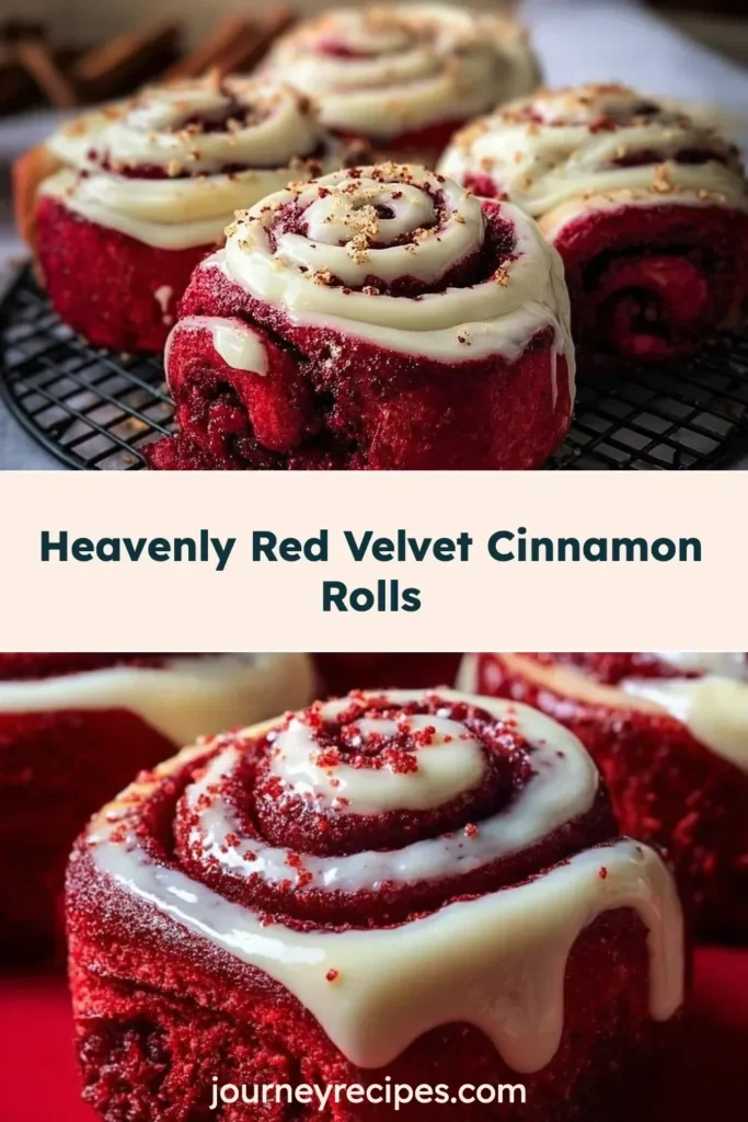 Delicious red velvet cinnamon rolls topped with creamy icing on a plate