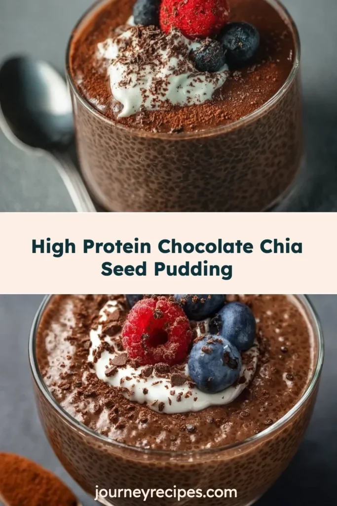 High protein chocolate chia seed pudding in a bowl topped with berries