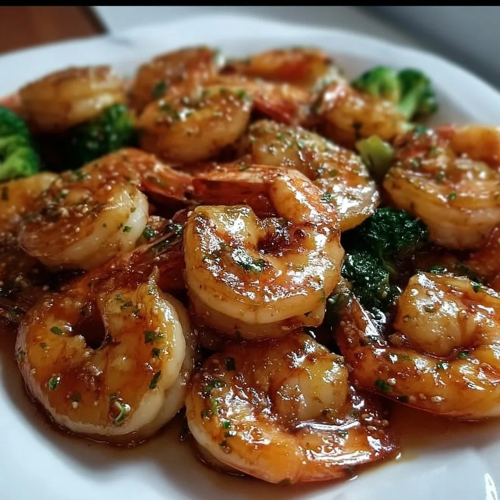 High-protein honey garlic shrimp served on a plate with vegetables