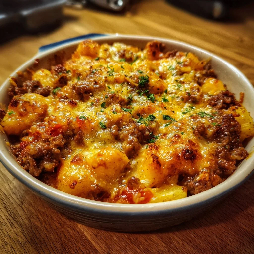 A serving of Hobo Casserole with potatoes, meat, and vegetables in a baking dish.