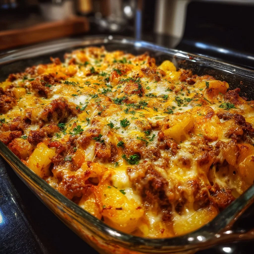 A hearty Hobo Casserole dish with layers of meat, vegetables, and cheese.