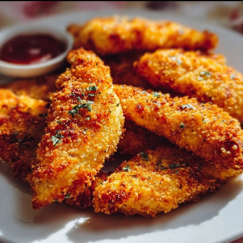Plate of homemade baked chicken tenders with herbs and spices