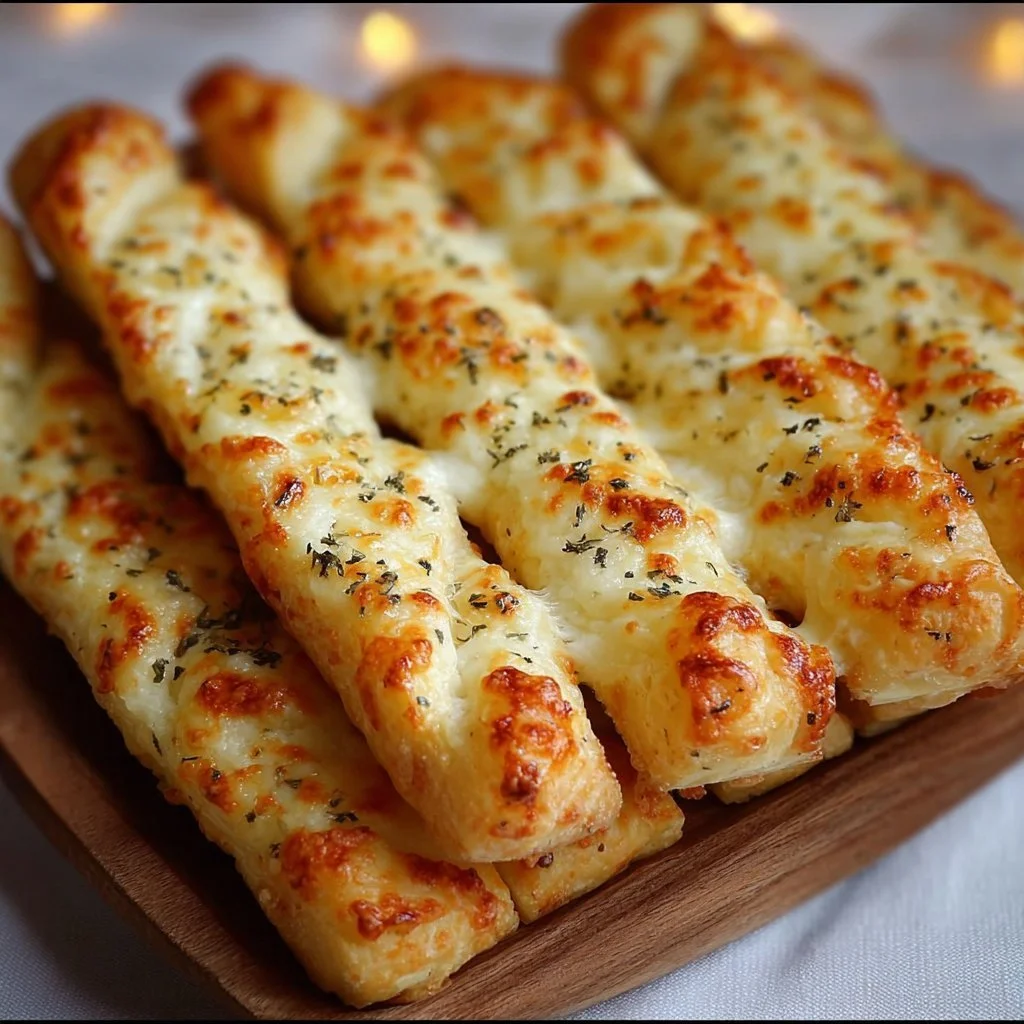 Freshly baked homemade cheesy breadsticks sprinkled with herbs and cheese