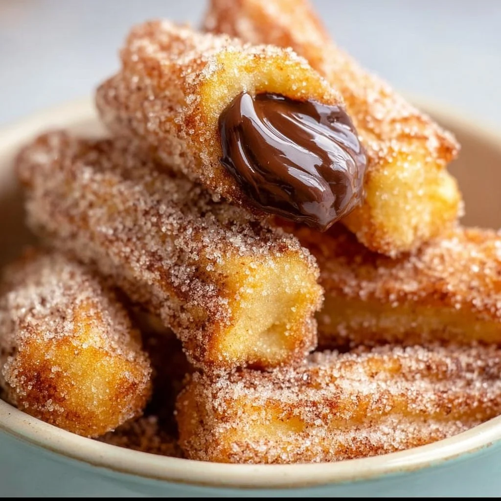 Plate of homemade churro bites filled with Nutella and sprinkled with cinnamon sugar