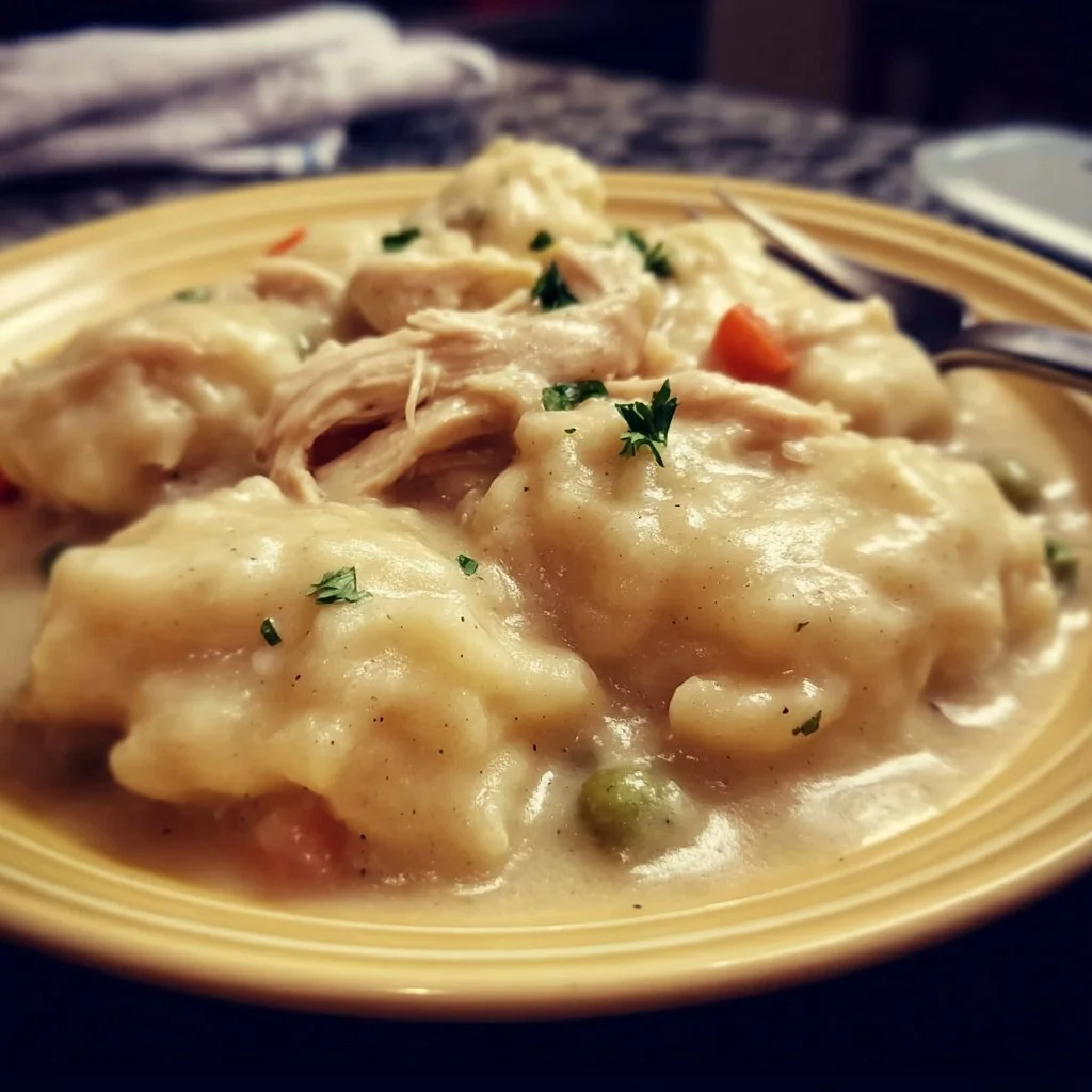 A bowl of homemade chicken and dumplings styled after Cracker Barrel recipe