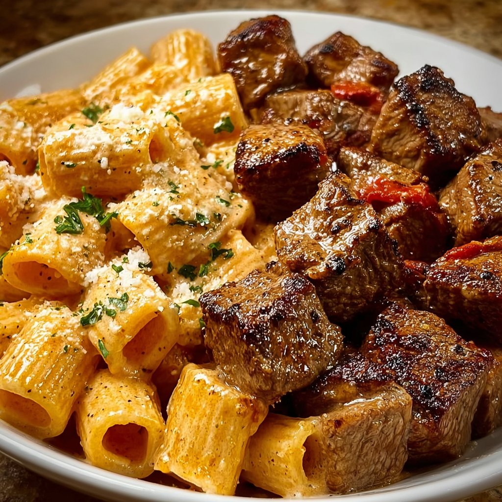 Cajun Steak Tips with Creamy Parmesan Rigatoni