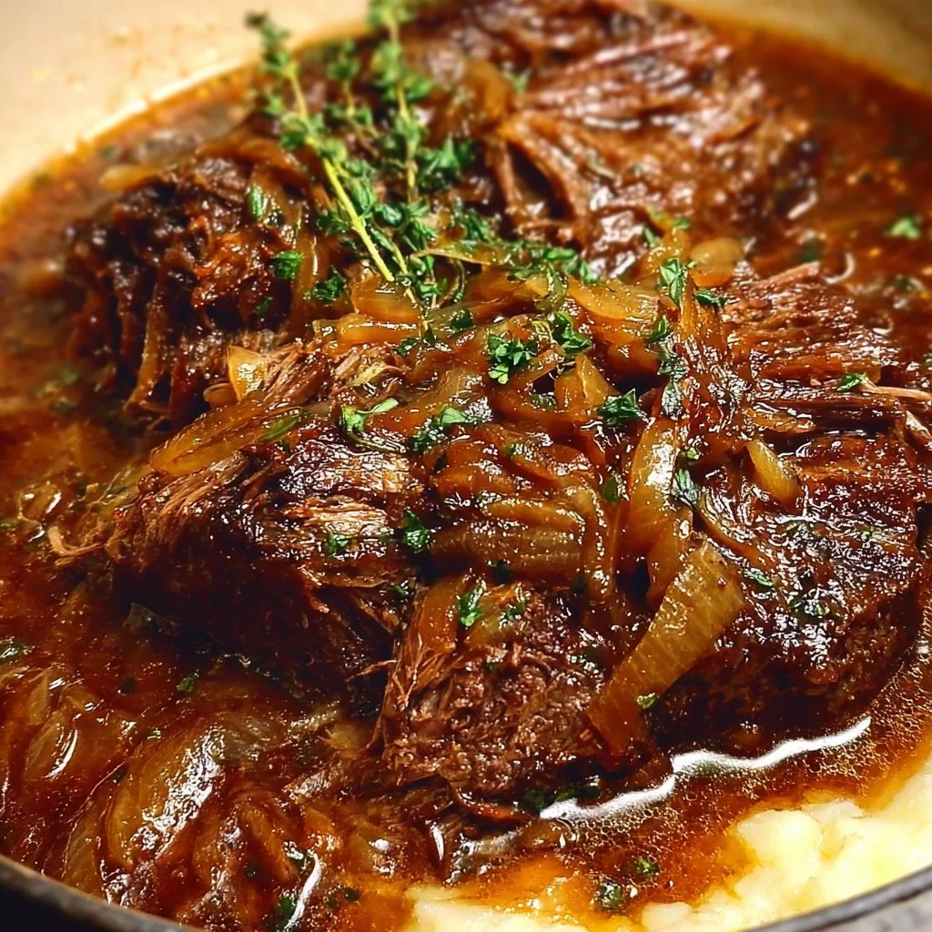 Juicy French Onion Pot Roast served with melted cheese and herbs