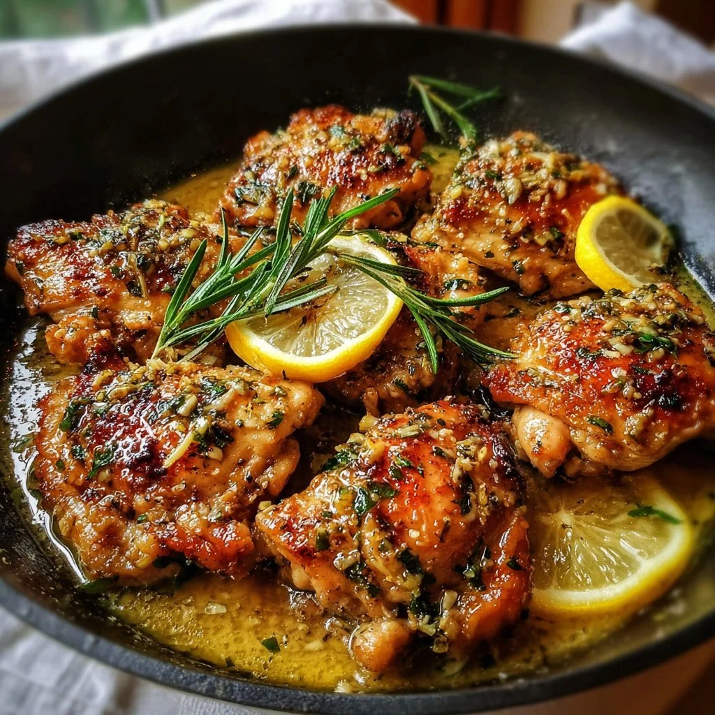 Lemon Garlic Butter Chicken Thighs served with herbs and lemon wedges.