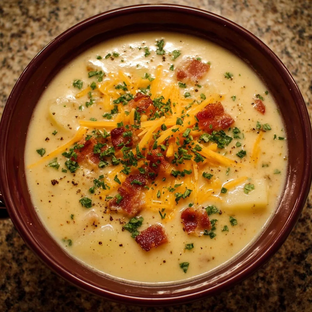 Bowl of creamy loaded potato soup topped with cheese and green onions