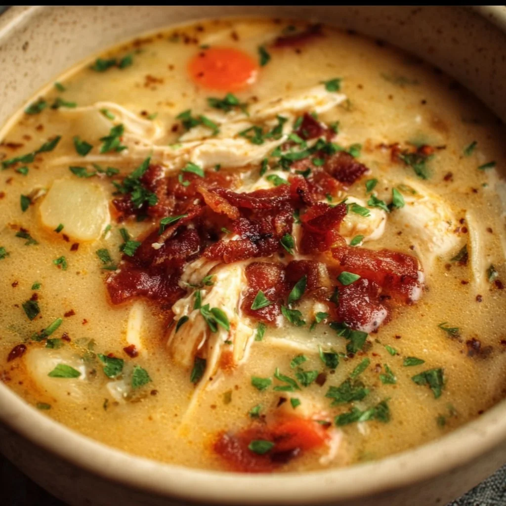 Bowl of low carb crack chicken soup topped with herbs and served with bread