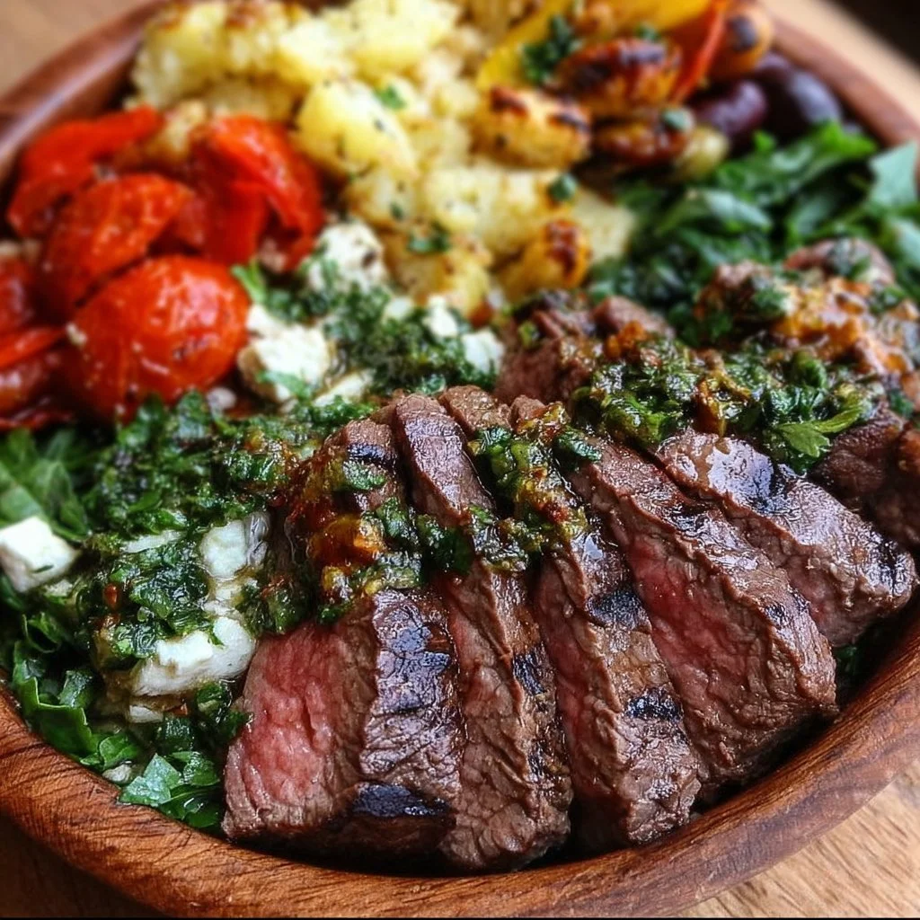 Mediterranean steak bowl with fresh vegetables and herbs