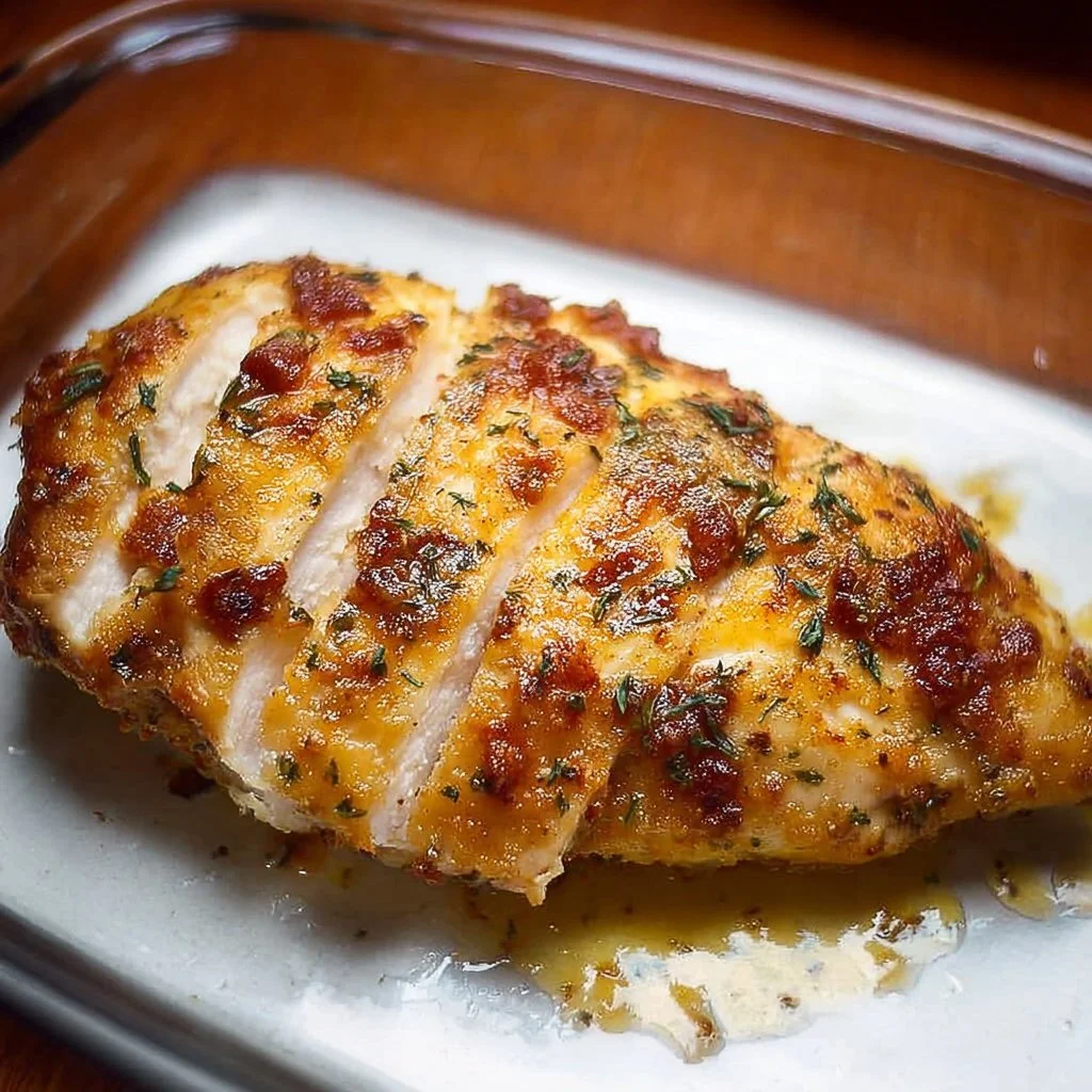 Delicious Million Dollar Baked Chicken Breast served with herbs and spices