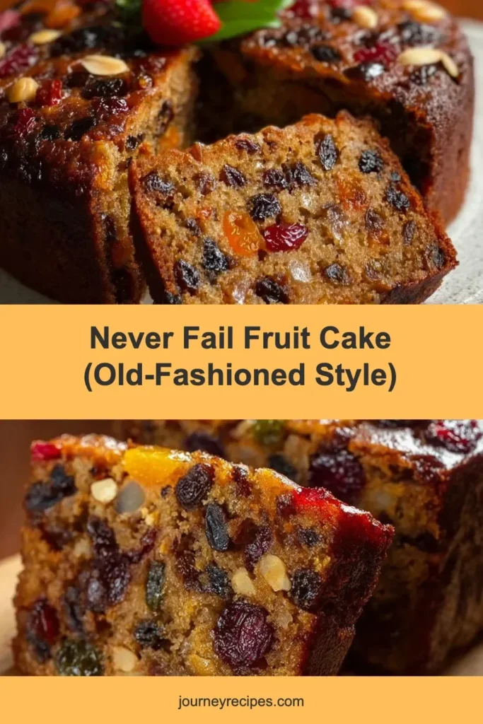 Delicious never fail old-fashioned fruit cake with vibrant fruits and nuts.