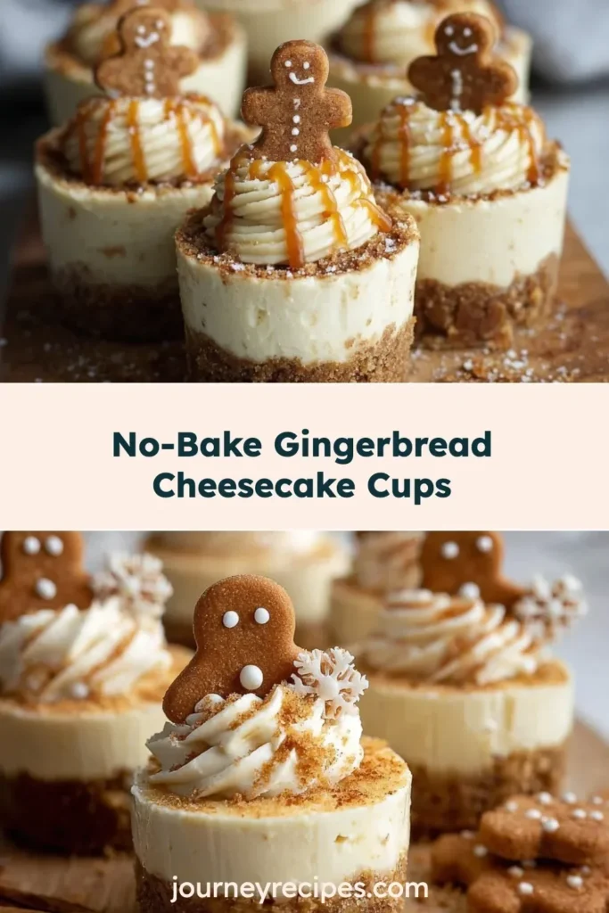 No-bake gingerbread cheesecake cups topped with whipped cream and gingerbread crumbs