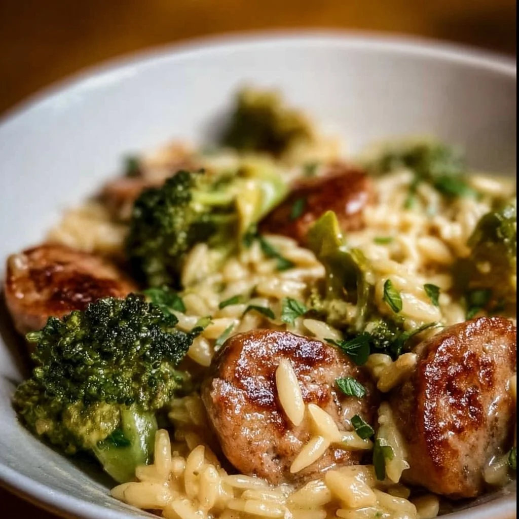One-Pan Creamy Orzo dish with Chicken Sausage and Broccoli cooked in a skillet