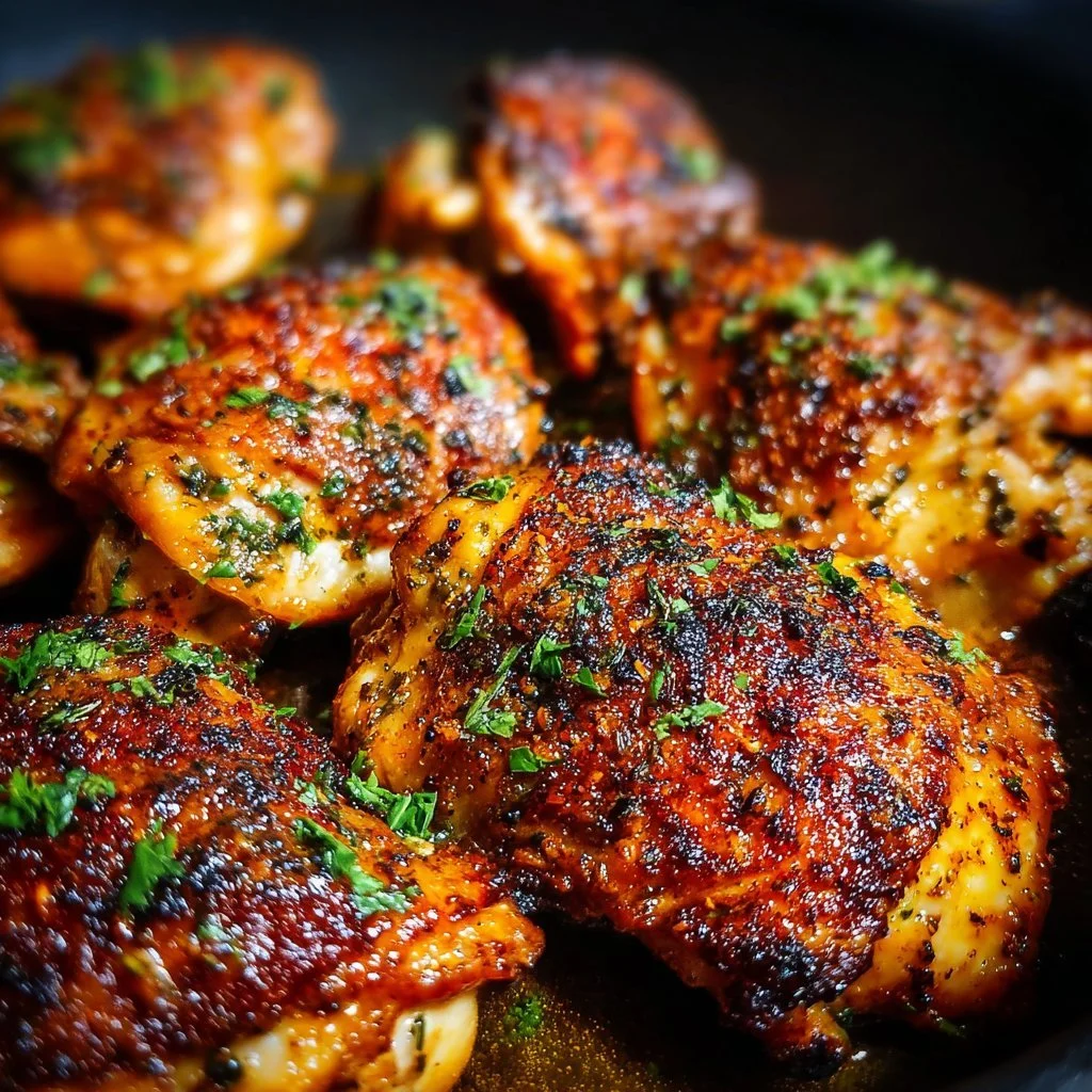 Delicious oven baked chicken thighs served with herbs and vegetables