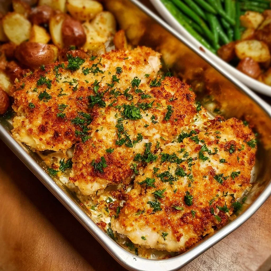 Delicious Parmesan Crusted Chicken on a sheet pan with vegetables