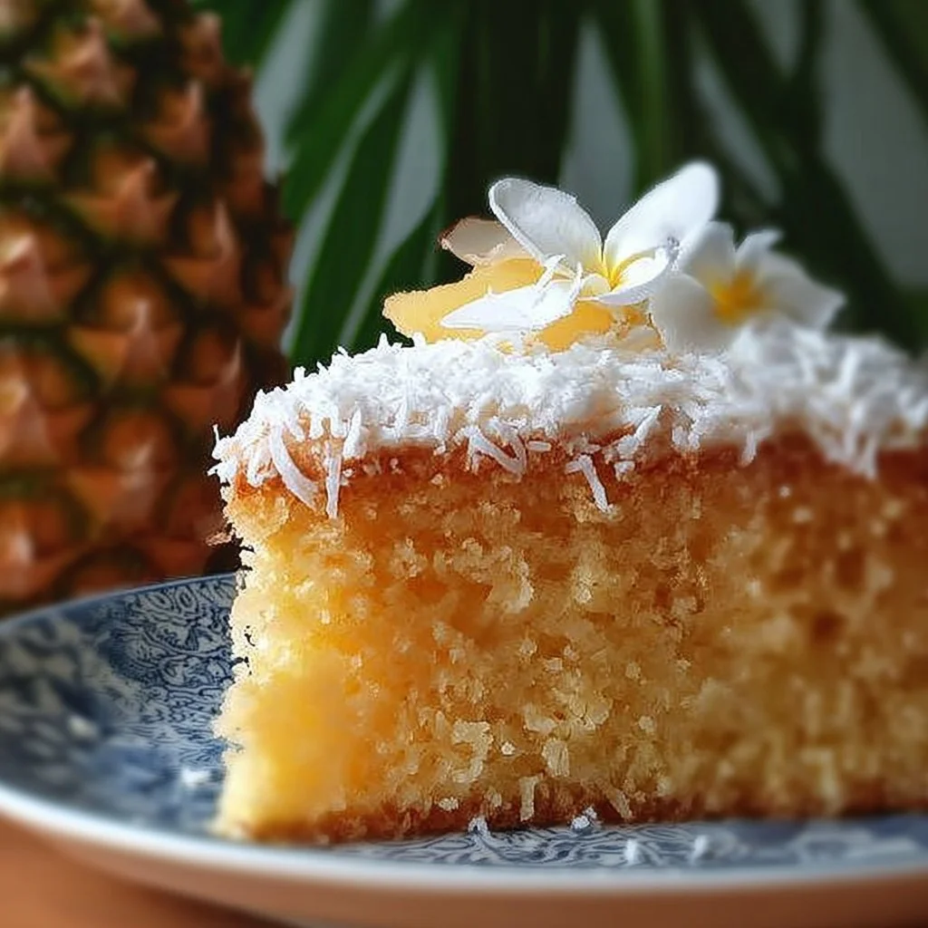 Slice of Pineapple Coconut Dream Cake topped with coconut flakes and pineapple slices