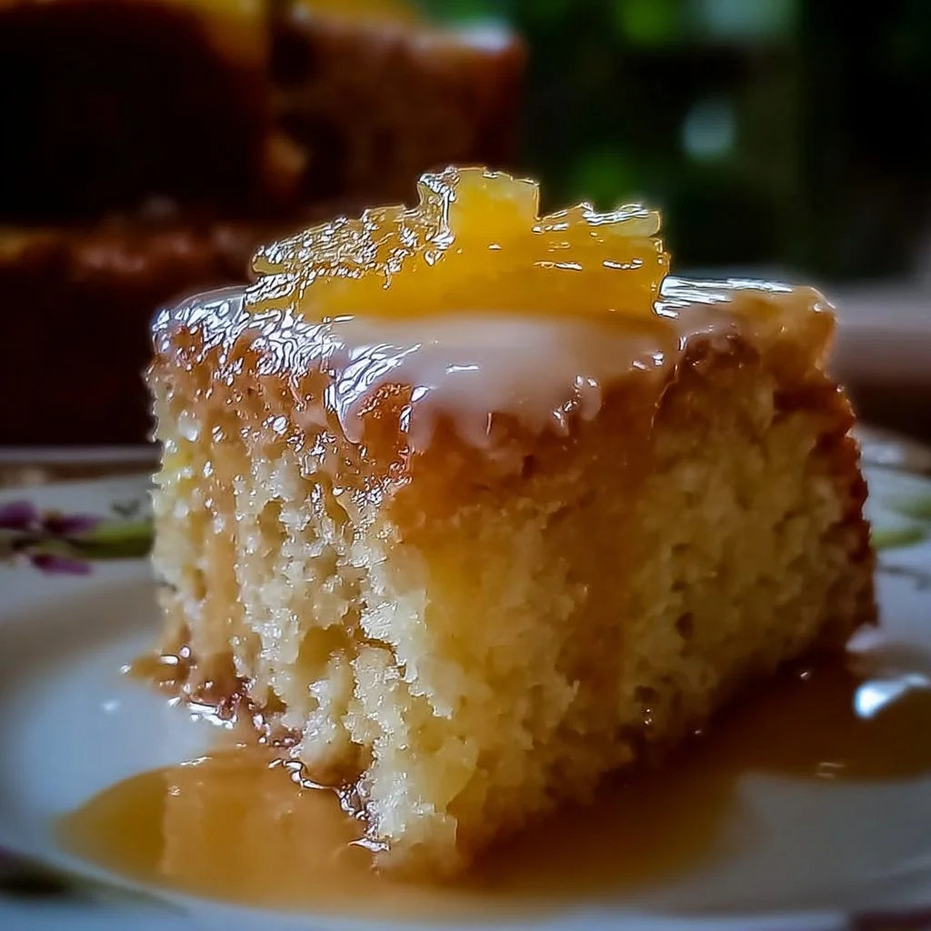 Delicious Pineapple Heaven Cake topped with fresh pineapple slices and whipped cream.