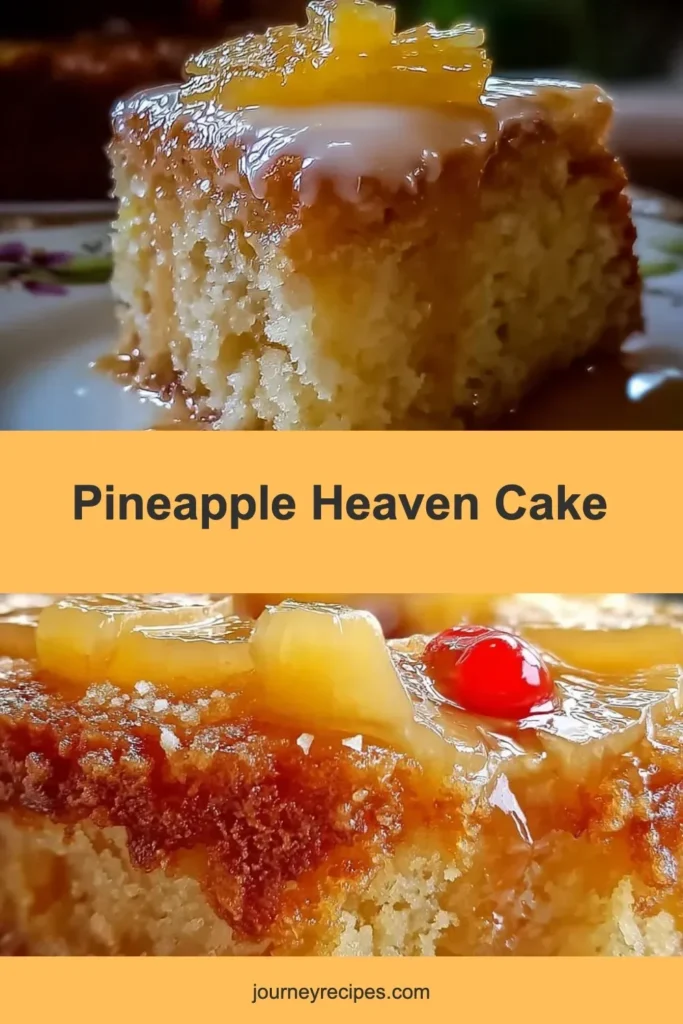 Delicious Pineapple Heaven Cake topped with fresh pineapple slices and whipped cream.