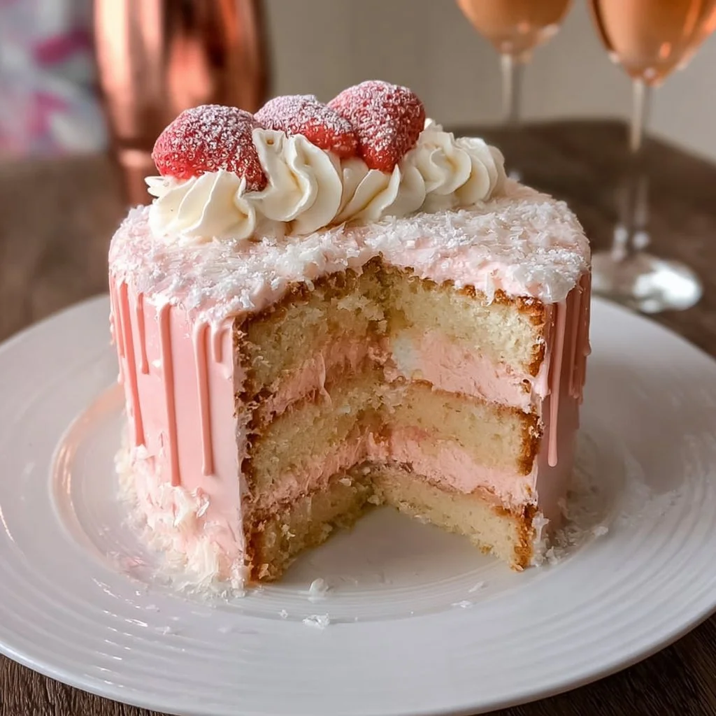 Delicious pink champagne cake topped with frosting and fresh berries.