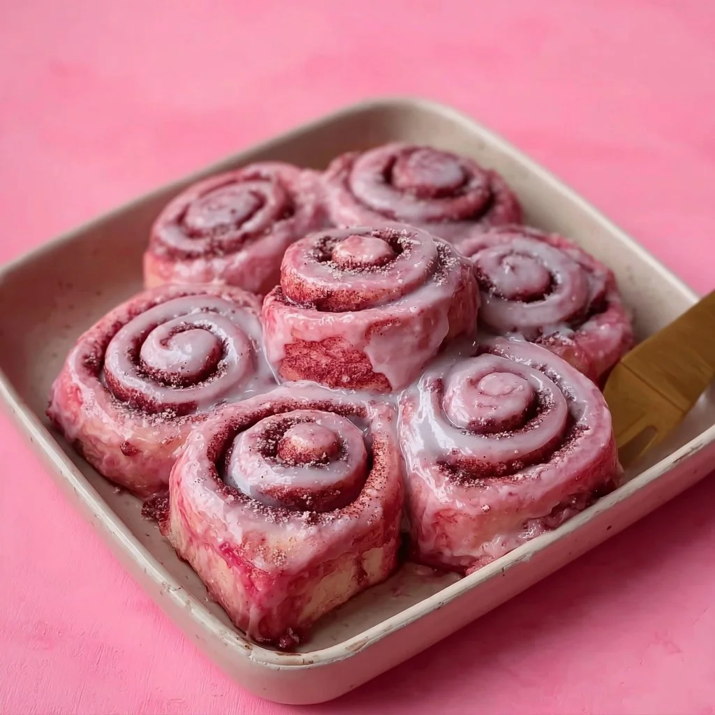 Delicious Pink Velvet Cinnamon Rolls topped with cream cheese frosting
