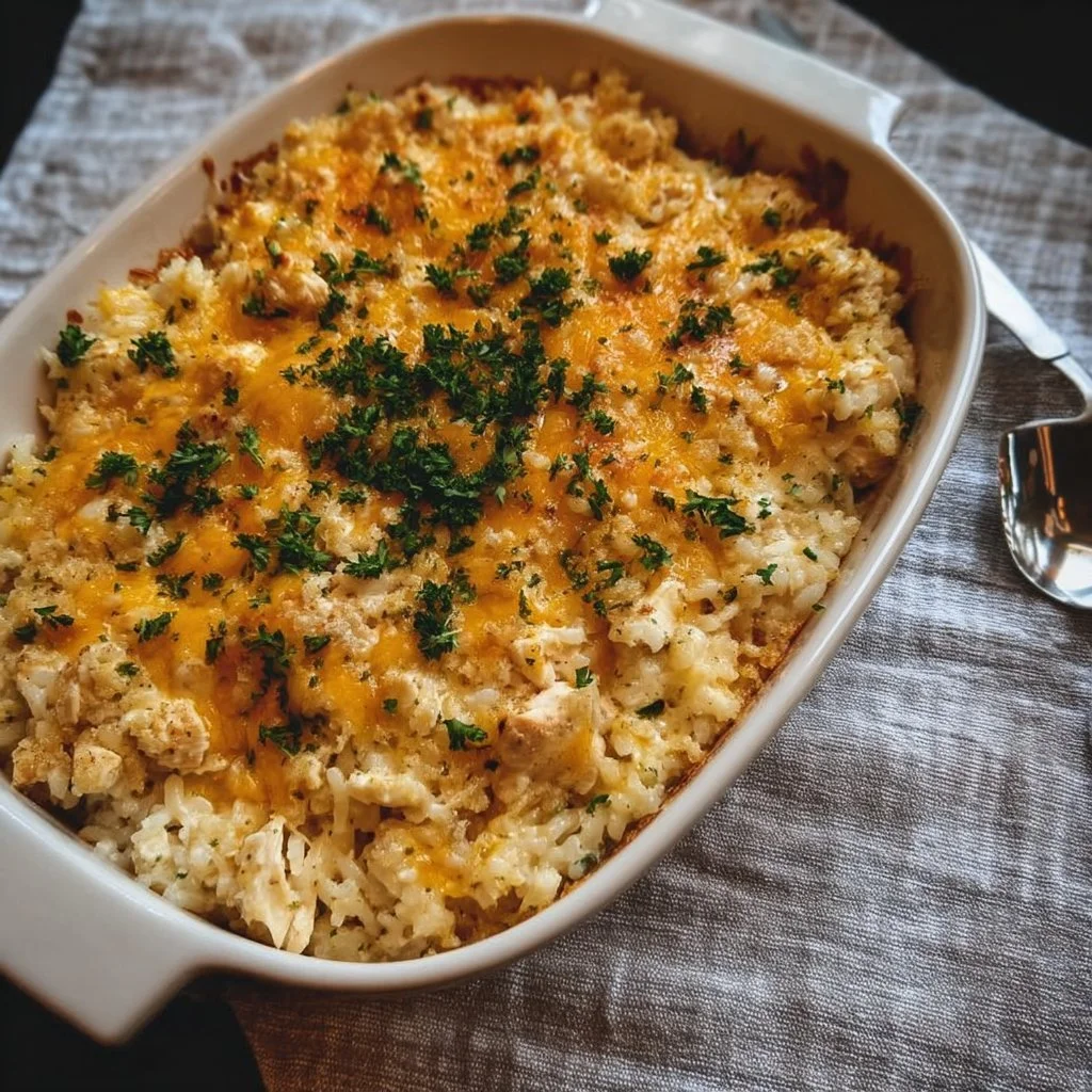 Pioneer Woman Chicken Rice Casserole with chicken, rice, and vegetables on a plate.