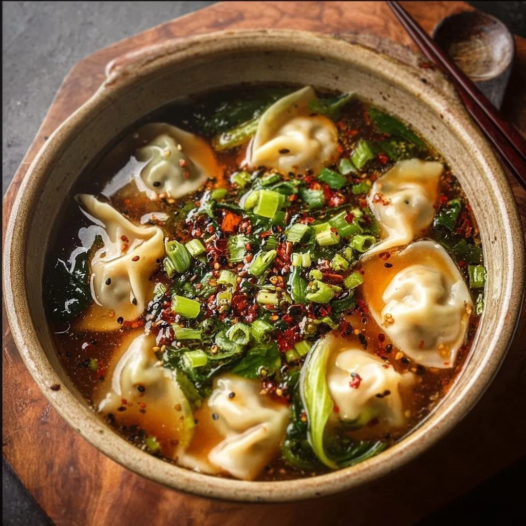 Bowl of homemade Potsticker Soup with dumplings and vegetables