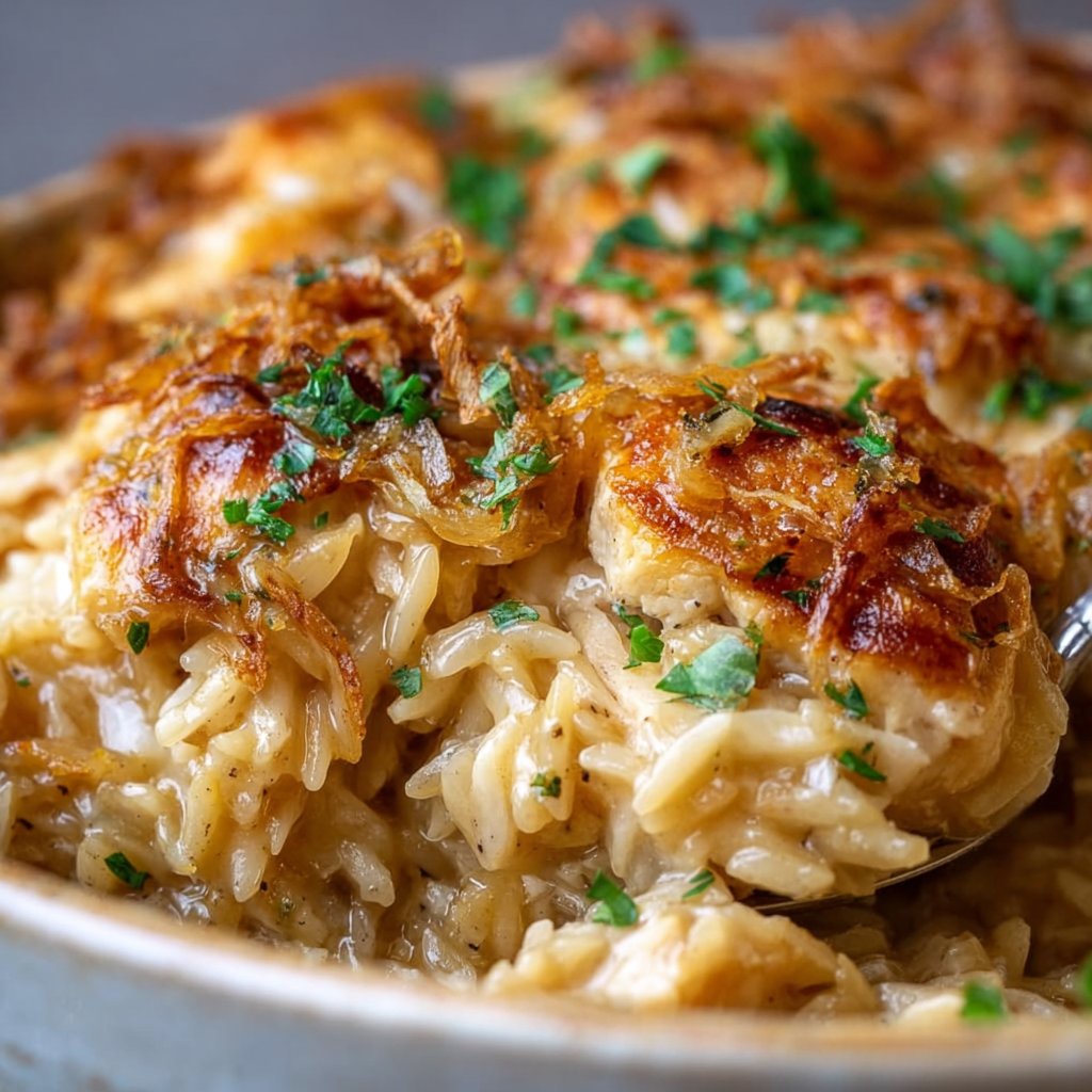 French Onion Chicken Orzo Casserole